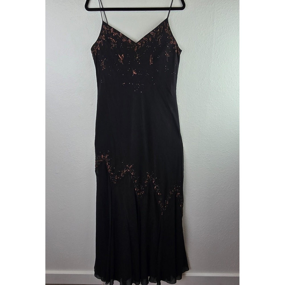 Vintage Black Beaded Evening Gown Formal Maxi Dress Spaghetti Strap Sheer